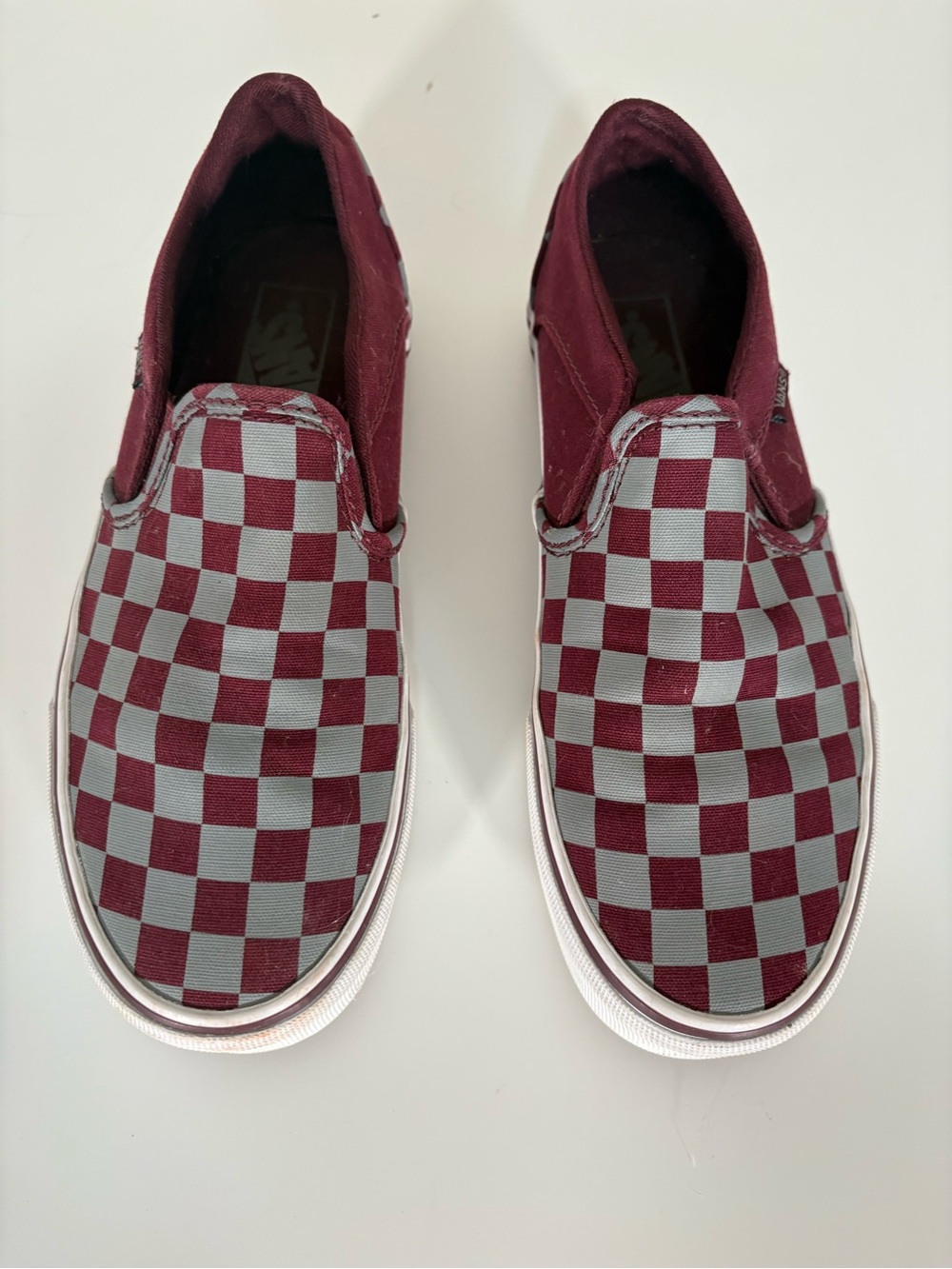Vans Slip-On Checkerboard Flats in Maroon and Gray